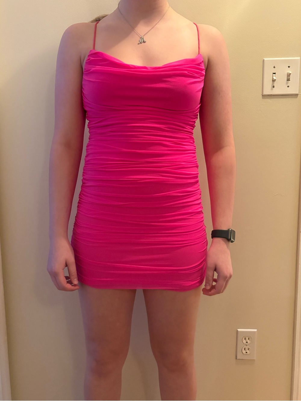Ruched Spaghetti-Strap Mini Dress in Hot Pink